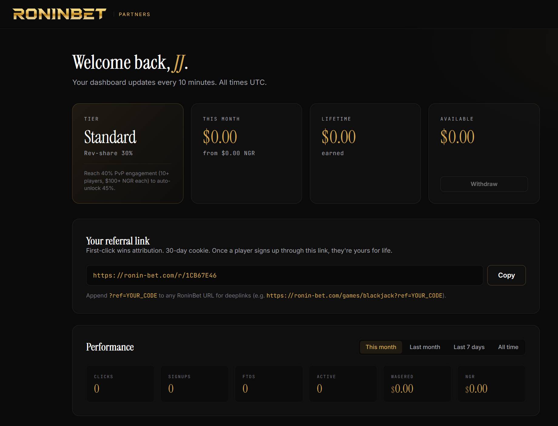 RoninBet Partners affiliate dashboard